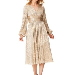 Aidan Mattox Dress Gold V-Neck Long Blouson Sleeve Tea Length A-Line Sz 12 NWT
